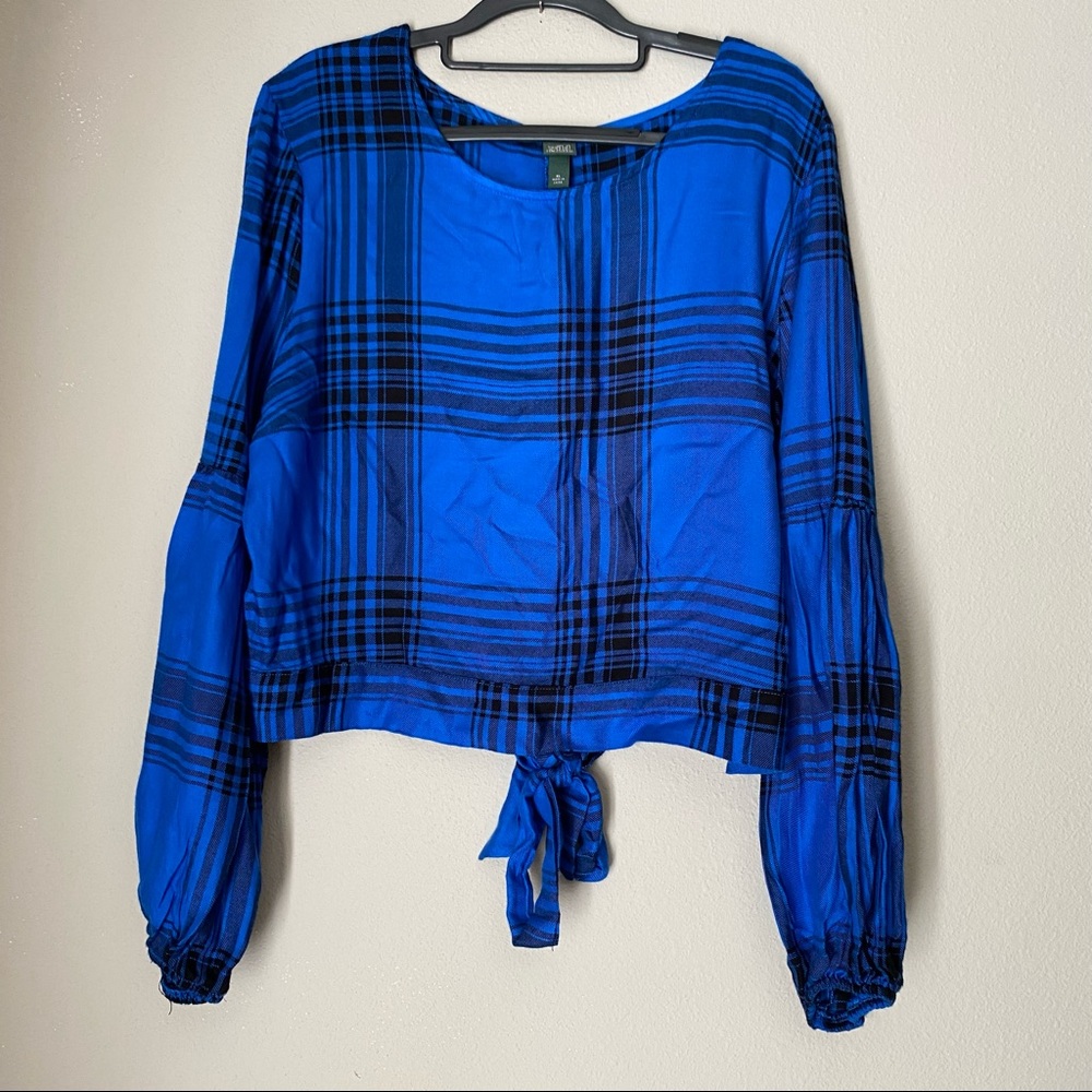 NWT Wild Fable Blue Plaid Tie Back Long Sleeve Crop Blouse size XL